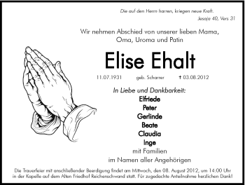 Traueranzeige von Elise Ehalt von Hersbrucker Zeitung