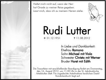Traueranzeige von Rudi Lutter von Hersbrucker Zeitung