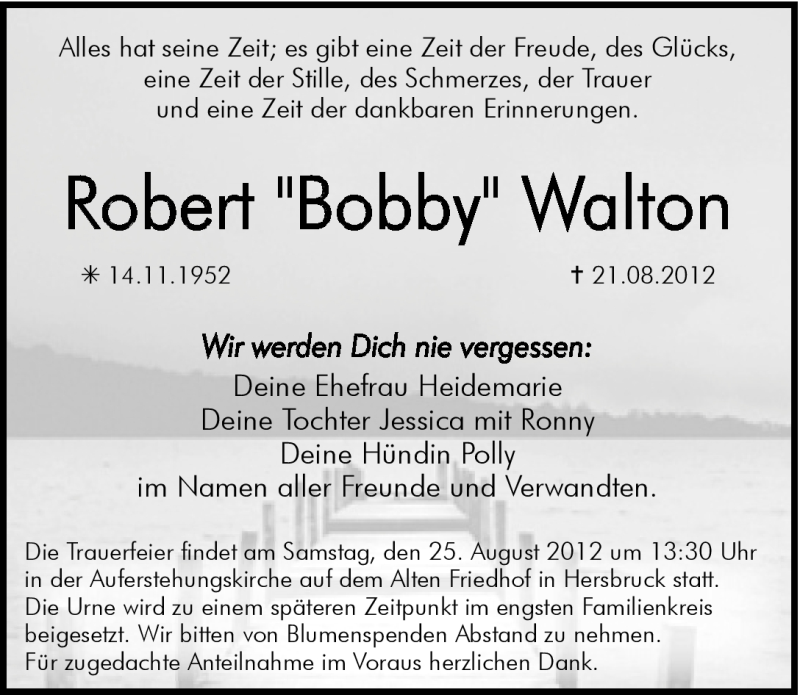  Traueranzeige für Robert Walton vom 23.08.2012 aus Hersbrucker Zeitung