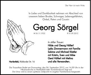 Traueranzeige von Georg Sörgel von Hersbrucker Zeitung