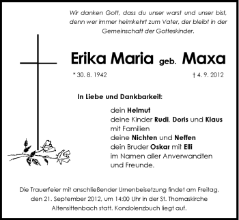 Traueranzeige von Erika Maria von Hersbrucker Zeitung