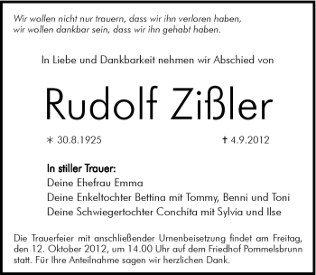 Traueranzeige von Rudolf Zißler von Hersbrucker Zeitung