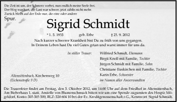 Traueranzeige von Sigrid Schmidt von Hersbrucker Zeitung