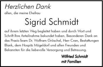 Traueranzeige von Sigrid Schmidt von Hersbrucker Zeitung