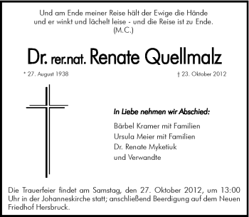 Traueranzeige von Renate Quellmalz von Hersbrucker Zeitung