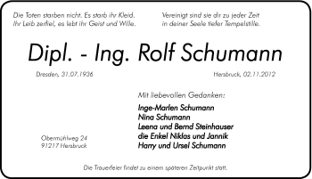 Traueranzeige von Rolf Schumann von Hersbrucker Zeitung
