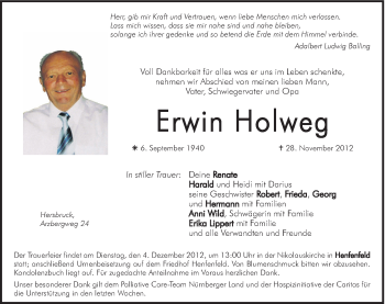 Traueranzeige von Erwin Holweg von Hersbrucker Zeitung