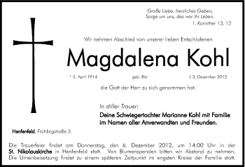 Traueranzeige von Magdalena Kohl von Hersbrucker Zeitung