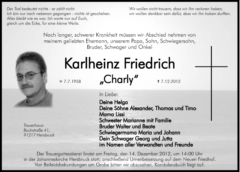  Traueranzeige für Karlheinz Friedrich vom 11.12.2012 aus Hersbrucker Zeitung