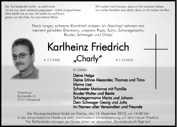 Traueranzeige von Karlheinz Friedrich von Hersbrucker Zeitung