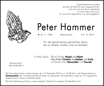 Traueranzeige von Peter Hammer von Hersbrucker Zeitung
