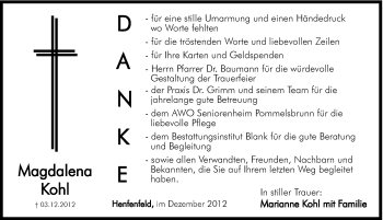 Traueranzeige von Magdalena Kohl von Hersbrucker Zeitung