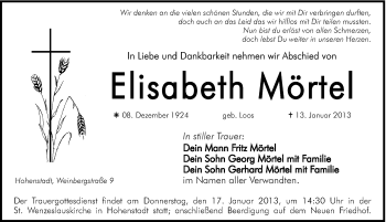 Traueranzeige von Elisabeth Mörtel von Hersbrucker Zeitung