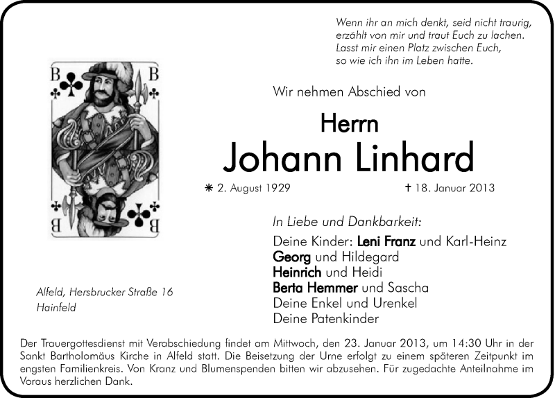  Traueranzeige für Johann Linhard vom 22.01.2013 aus Hersbrucker Zeitung