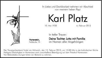 Traueranzeige von Karl Platz von Hersbrucker Zeitung