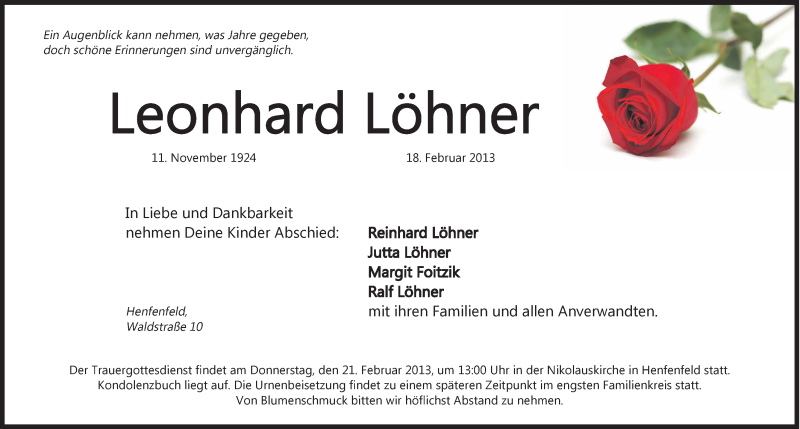  Traueranzeige für Leonhard Löhner vom 20.02.2013 aus Hersbrucker Zeitung