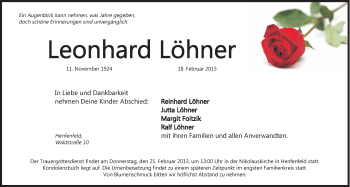 Traueranzeige von Leonhard Löhner von Hersbrucker Zeitung