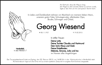Traueranzeige von Georg Wiesend von Hersbrucker Zeitung