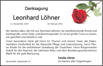 Traueranzeige von Leonhard Löhner von Hersbrucker Zeitung