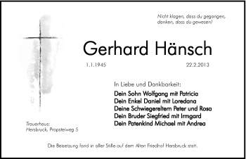 Traueranzeige von Gerhard Hänsch von Hersbrucker Zeitung