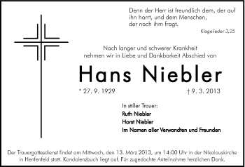 Traueranzeige von Hans Niebler von Hersbrucker Zeitung