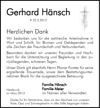 Traueranzeige von Gerhard Hänsch von Hersbrucker Zeitung