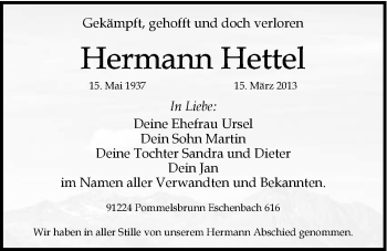 Traueranzeige von Hermann Hettel von Hersbrucker Zeitung