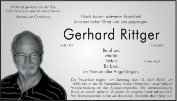 Traueranzeige von Gerhard Rittger von Hersbrucker Zeitung