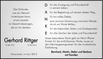 Traueranzeige von Gerhard Rittger von Hersbrucker Zeitung