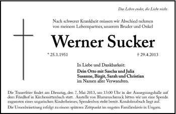 Traueranzeige von Werner Sucker von Hersbrucker Zeitung