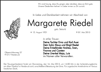 Traueranzeige von Margarete Riedel von Hersbrucker Zeitung