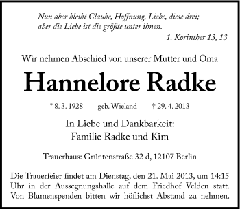 Traueranzeige von Hannelore Radke von Hersbrucker Zeitung