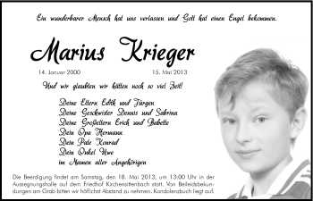 Traueranzeige von Marius Krieger von Hersbrucker Zeitung