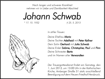 Traueranzeige von Johann Schwab von Hersbrucker Zeitung