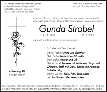 Traueranzeige von Gunda Strobel von Hersbrucker Zeitung