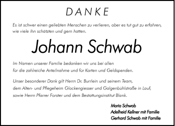 Traueranzeige von Johann Schwab von Hersbrucker Zeitung