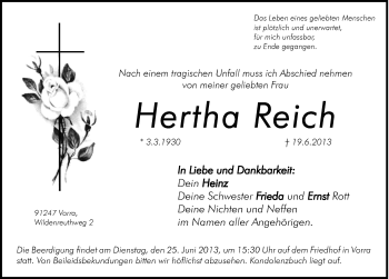 Traueranzeige von Hertha Reich von Hersbrucker Zeitung
