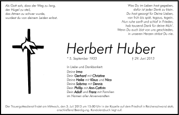 Traueranzeige von Herbert Huber von Hersbrucker Zeitung