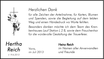 Traueranzeige von Hertha Reich von Hersbrucker Zeitung