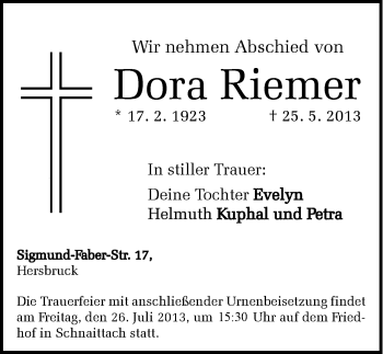 Traueranzeige von Dora Riemer von Hersbrucker Zeitung