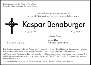 Traueranzeige von Kaspar Benaburger von Hersbrucker Zeitung