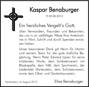 Traueranzeige von Kaspar Benaburger von Hersbrucker Zeitung