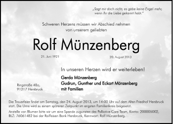 Traueranzeige von Rolf Münzenberg von Hersbrucker Zeitung