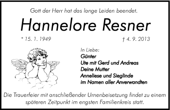 Traueranzeige von Hannelore Resner von Hersbrucker Zeitung