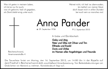 Traueranzeige von Anna Pander von Hersbrucker Zeitung