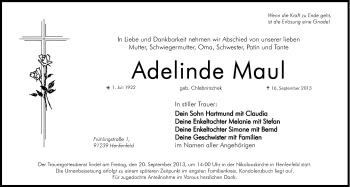 Traueranzeige von Adelinde Maul von Hersbrucker Zeitung