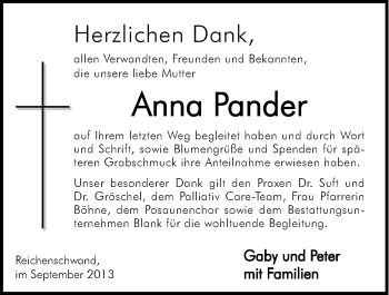 Traueranzeige von Anna Pander von Hersbrucker Zeitung