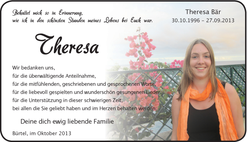  Traueranzeige für Theresa Bär vom 12.10.2013 aus Hersbrucker Zeitung