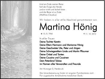Traueranzeige von Martina Hönig von Hersbrucker Zeitung