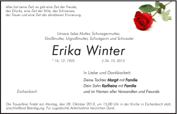 Traueranzeige von Erika Winter von Hersbrucker Zeitung